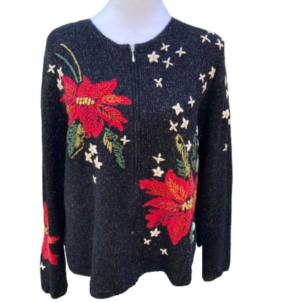 Talbots Silk Cardigan Poinsetta Embroidered Full Zip Festive Holiday, size Large